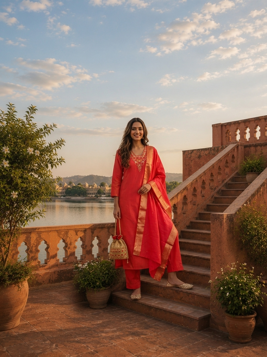 Coral Pink Tissue Thread Embroidered Three Piece Set