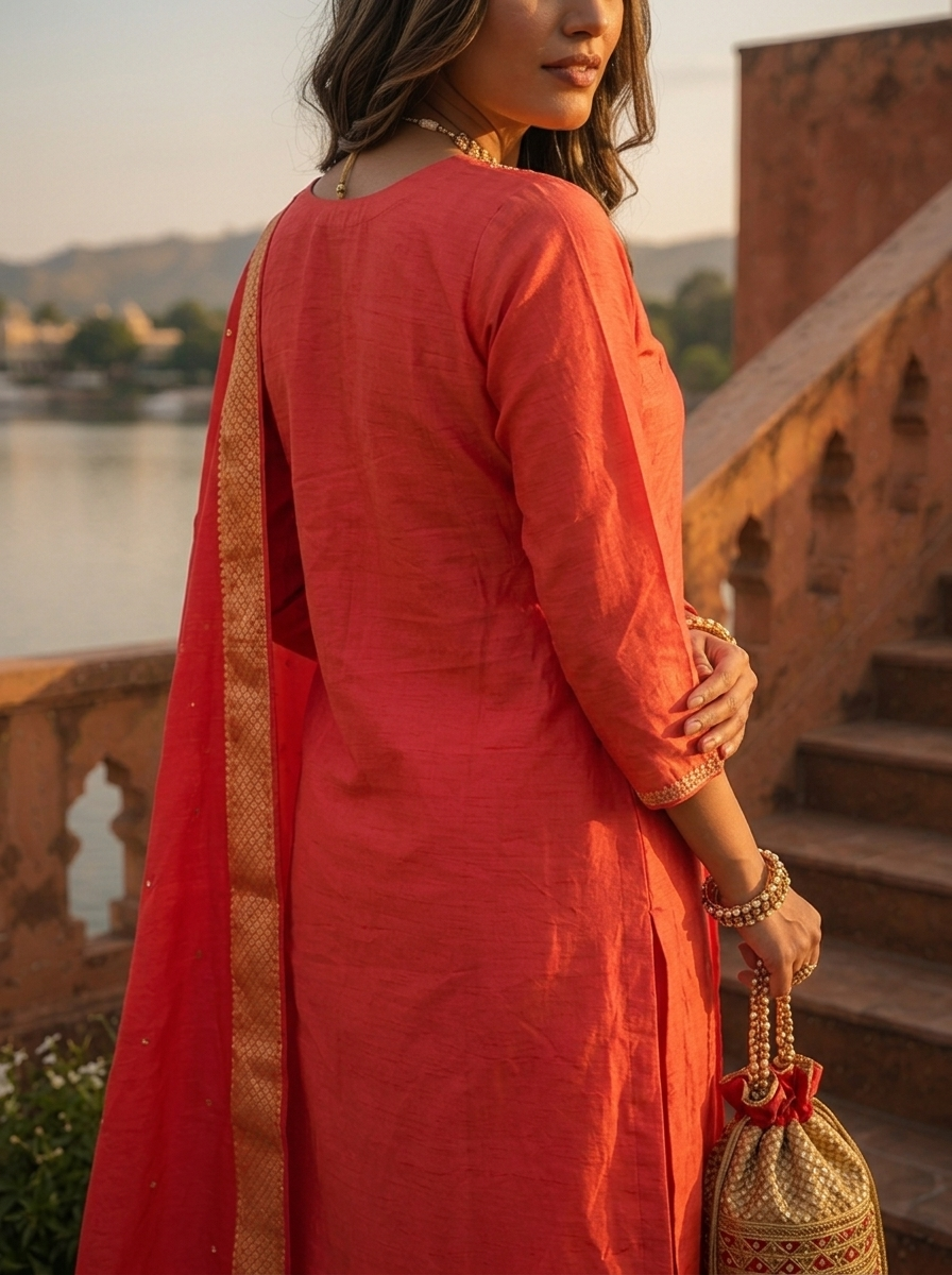 Coral Pink Tissue Thread Embroidered Three Piece Set