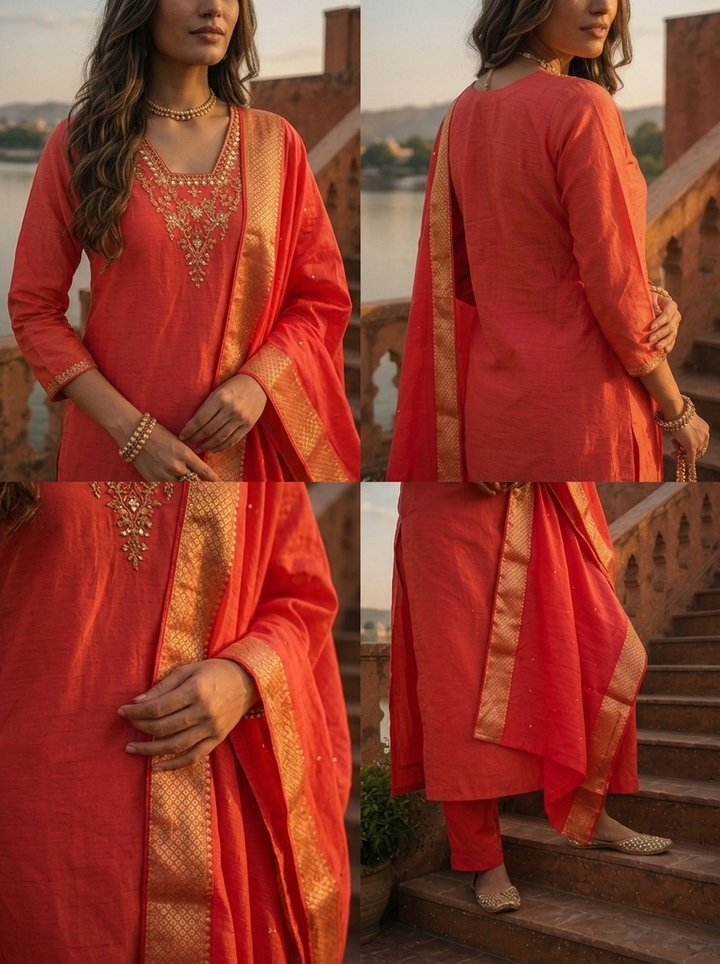 Coral Pink Tissue Thread Embroidered Three Piece Set