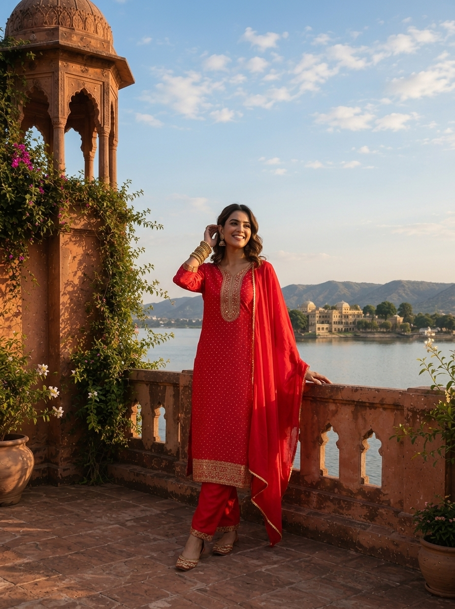 Red Silk Zari Printed Three Piece Set