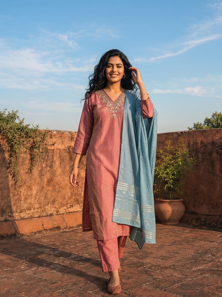 Onion Tissue Stone And Thread Embroidered Three Piece Set