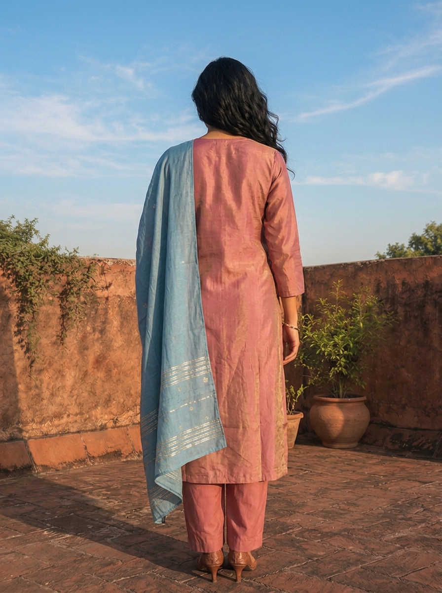 Onion Tissue Stone And Thread Embroidered Three Piece Set