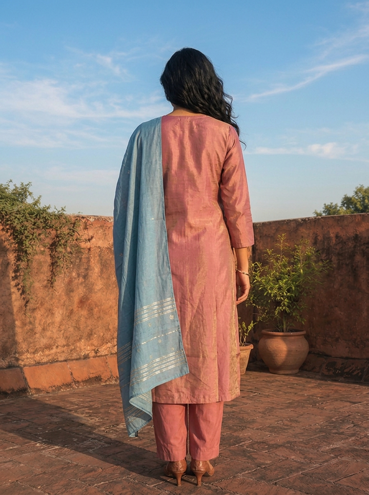 Onion Tissue Stone And Thread Embroidered Three Piece Set