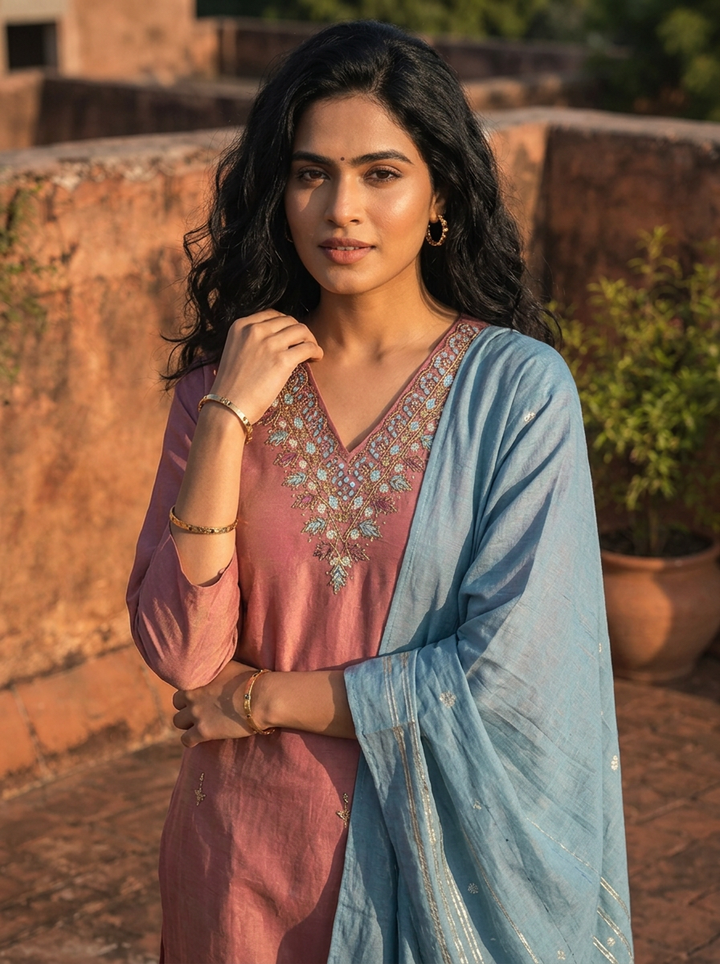 Onion Tissue Stone And Thread Embroidered Three Piece Set