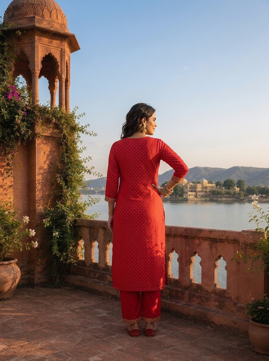 Red Silk Zari Printed Three Piece Set
