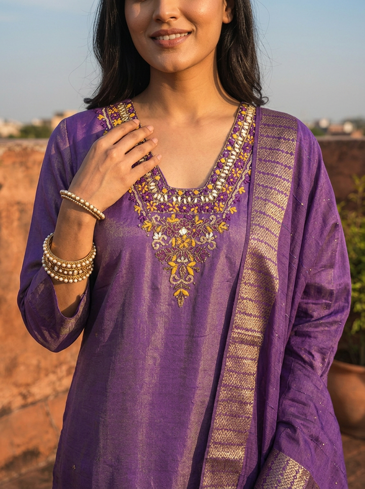 Purple Tissue Thread Floral Embroidered Three Piece Set