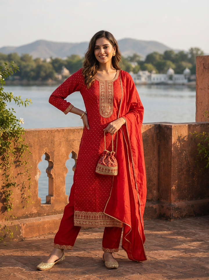 Maroon Silk Zari Printed Three Piece Set