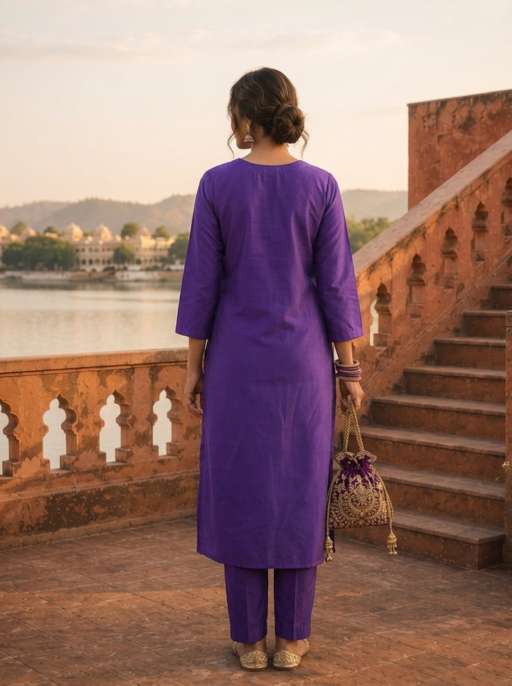 Purple Silk Stone Embroidered Three Piece Set