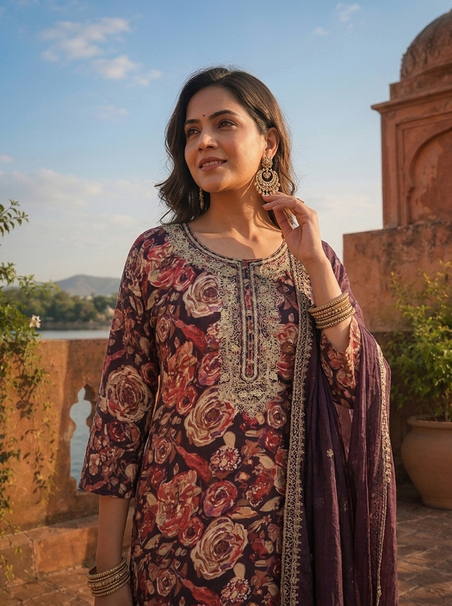 Wine Silk Watercolor Floral Printed Three Piece Set