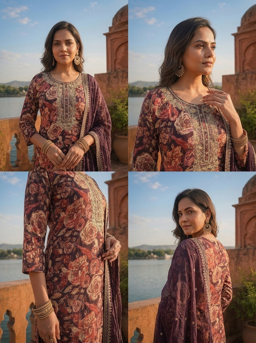 Wine Silk Watercolor Floral Printed Three Piece Set