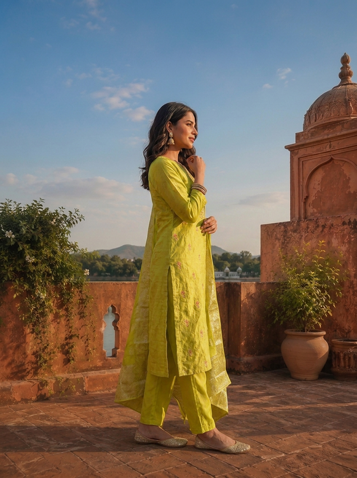 Lime Green Tissue Ethnic Weaved Three Piece Set