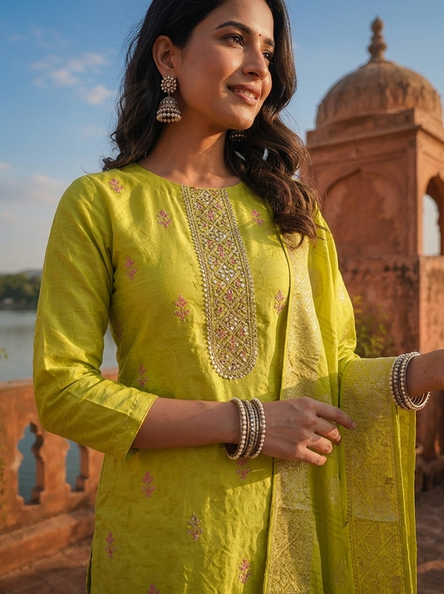 Lime Green Tissue Ethnic Weaved Three Piece Set