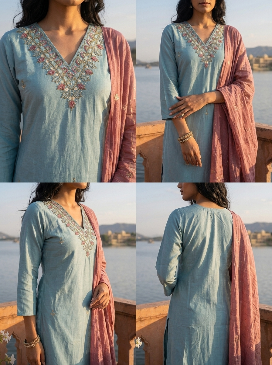 Aqua Tissue Stone And Thread Embroidered Three Piece Set