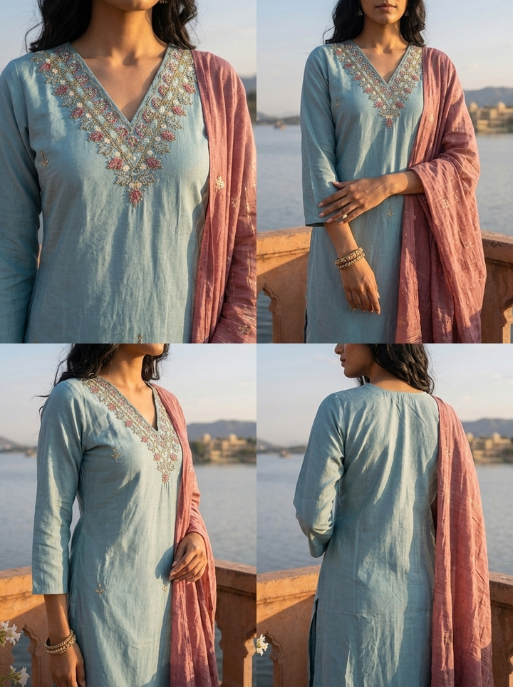 Aqua Tissue Stone And Thread Embroidered Three Piece Set