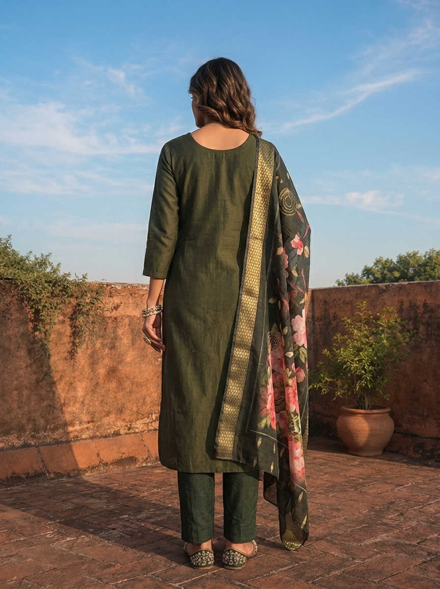Olive Rayon Floral Embroidered Three Piece Set