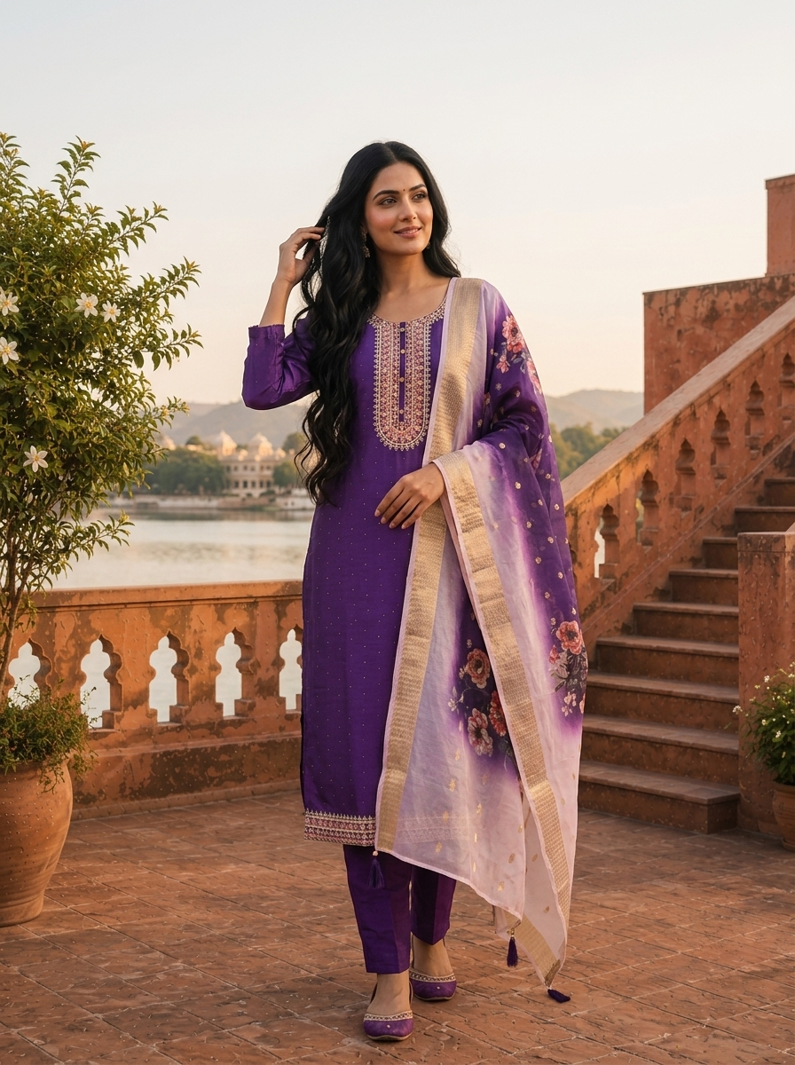 Purple Silk Embroidered Three Piece Set