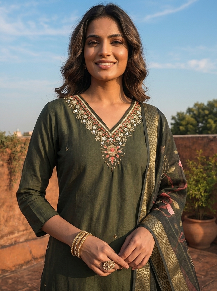 Olive Rayon Floral Embroidered Three Piece Set