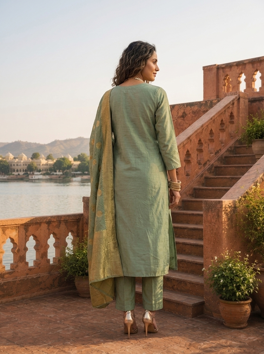 Pista Tissue Thread And Stone Embroidered Three Piece Set