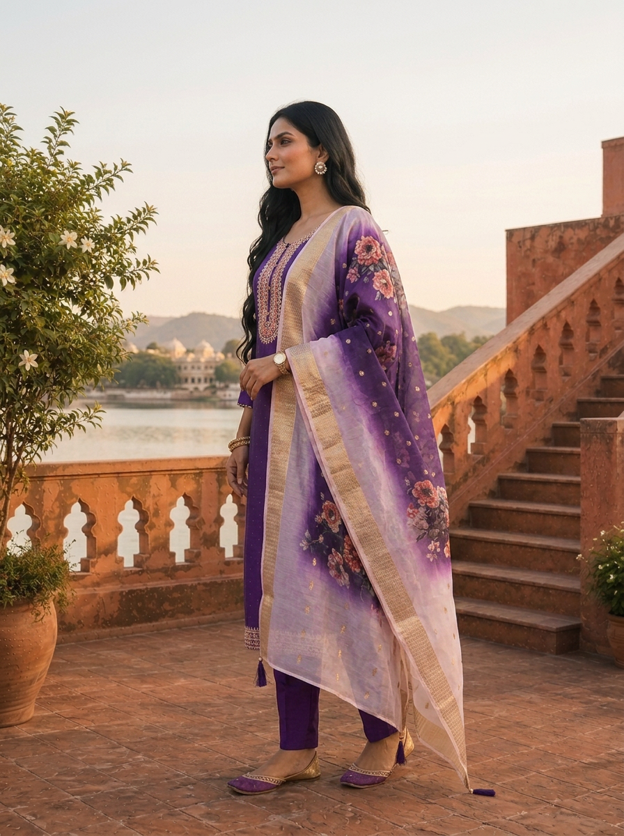 Purple Silk Embroidered Three Piece Set