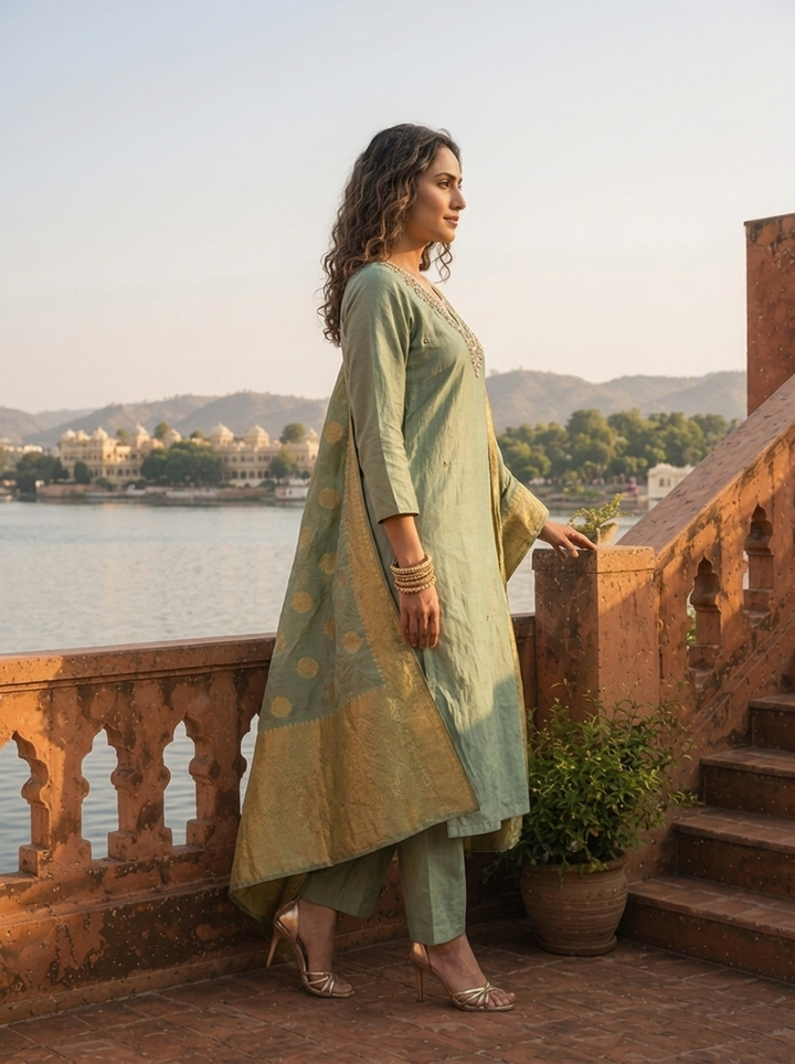 Pista Tissue Thread And Stone Embroidered Three Piece Set