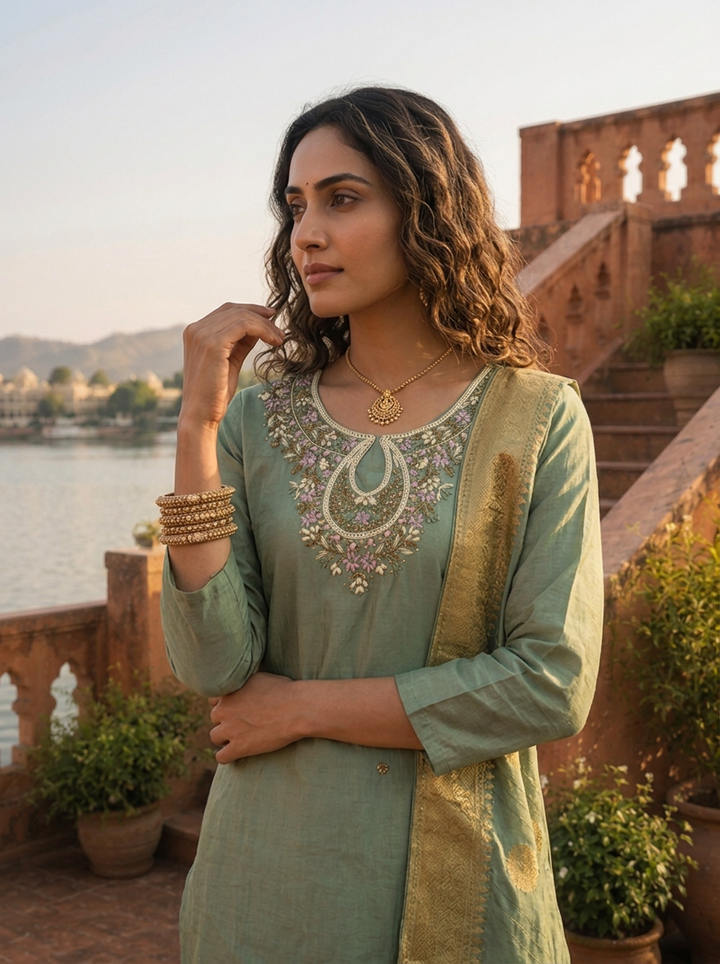 Pista Tissue Thread And Stone Embroidered Three Piece Set