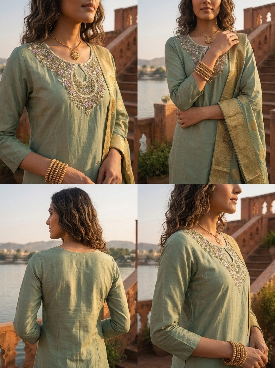 Pista Tissue Thread And Stone Embroidered Three Piece Set
