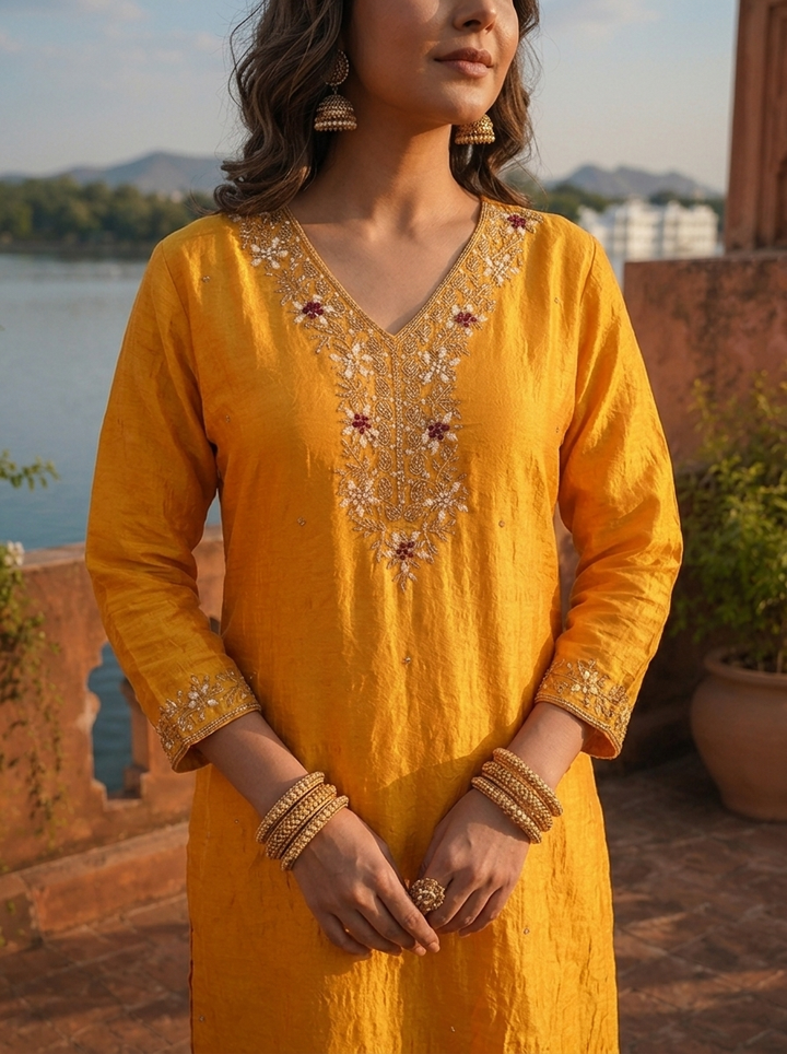 Gold Silk Stone Embroidered Three Piece Set