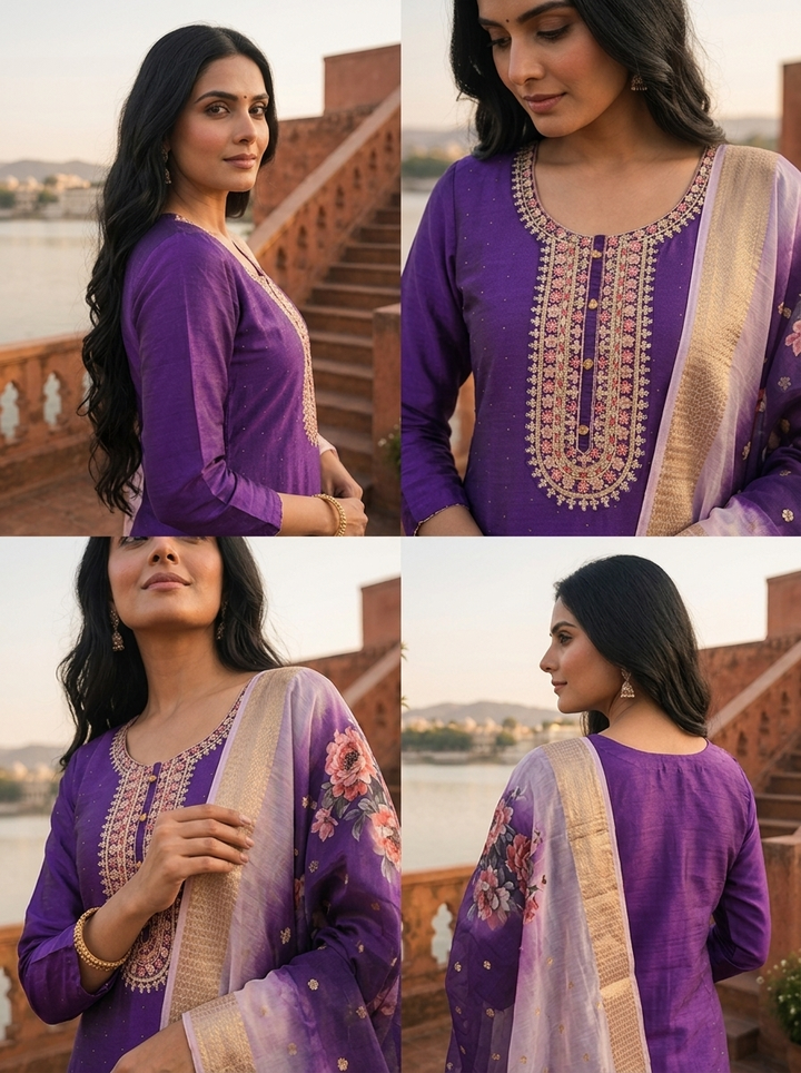 Purple Silk Embroidered Three Piece Set