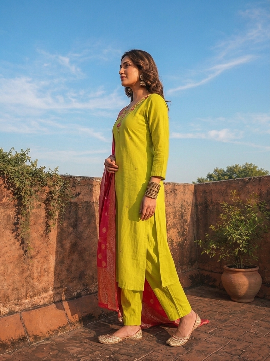 Lime Green Silk Thread Floral Embroidered Three Piece Set