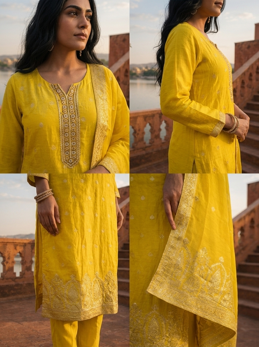Lemon Silk Buti Weaved Three Piece Set