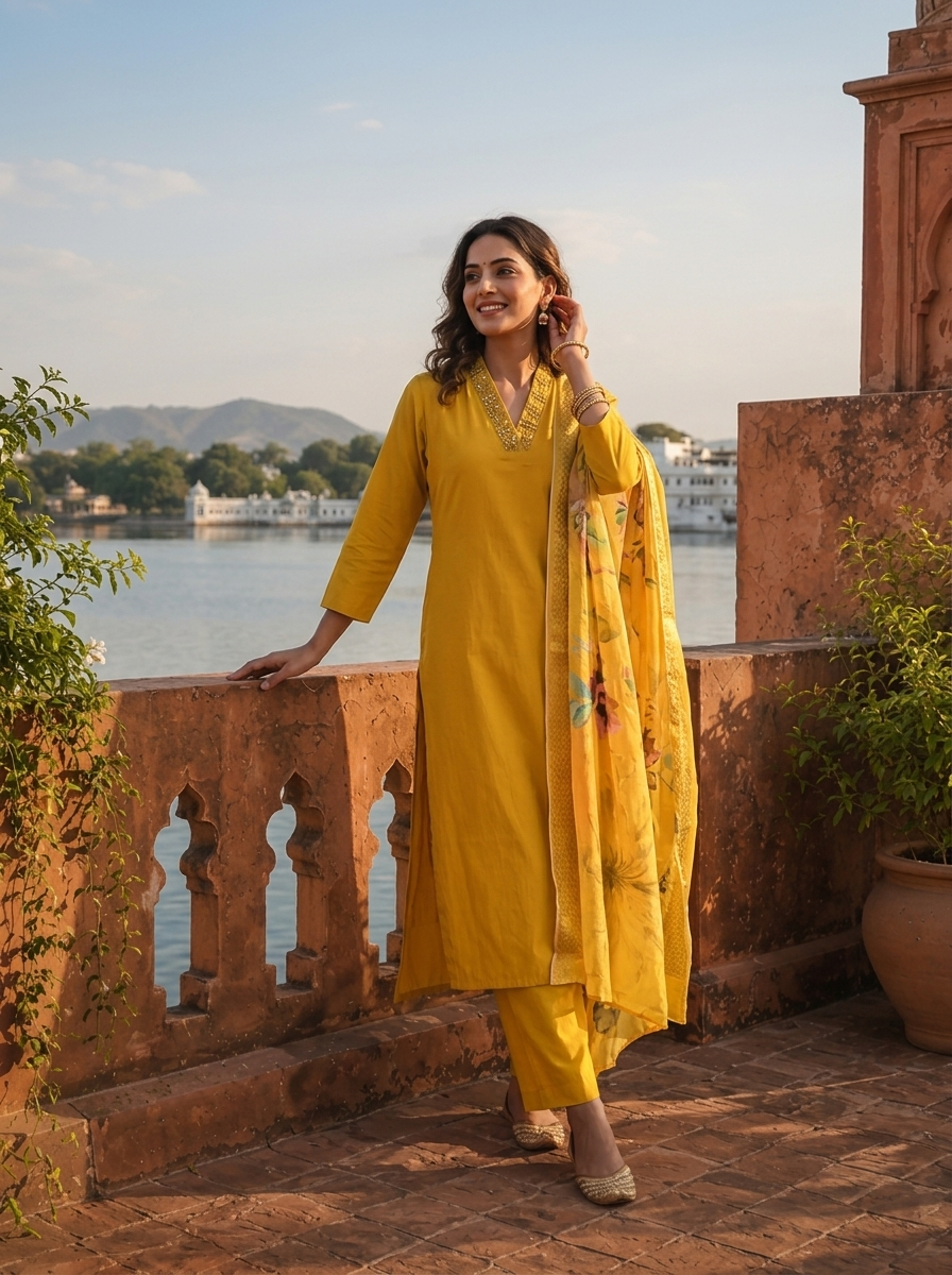 Yellow Silk Thread Embroidered Three Piece Set