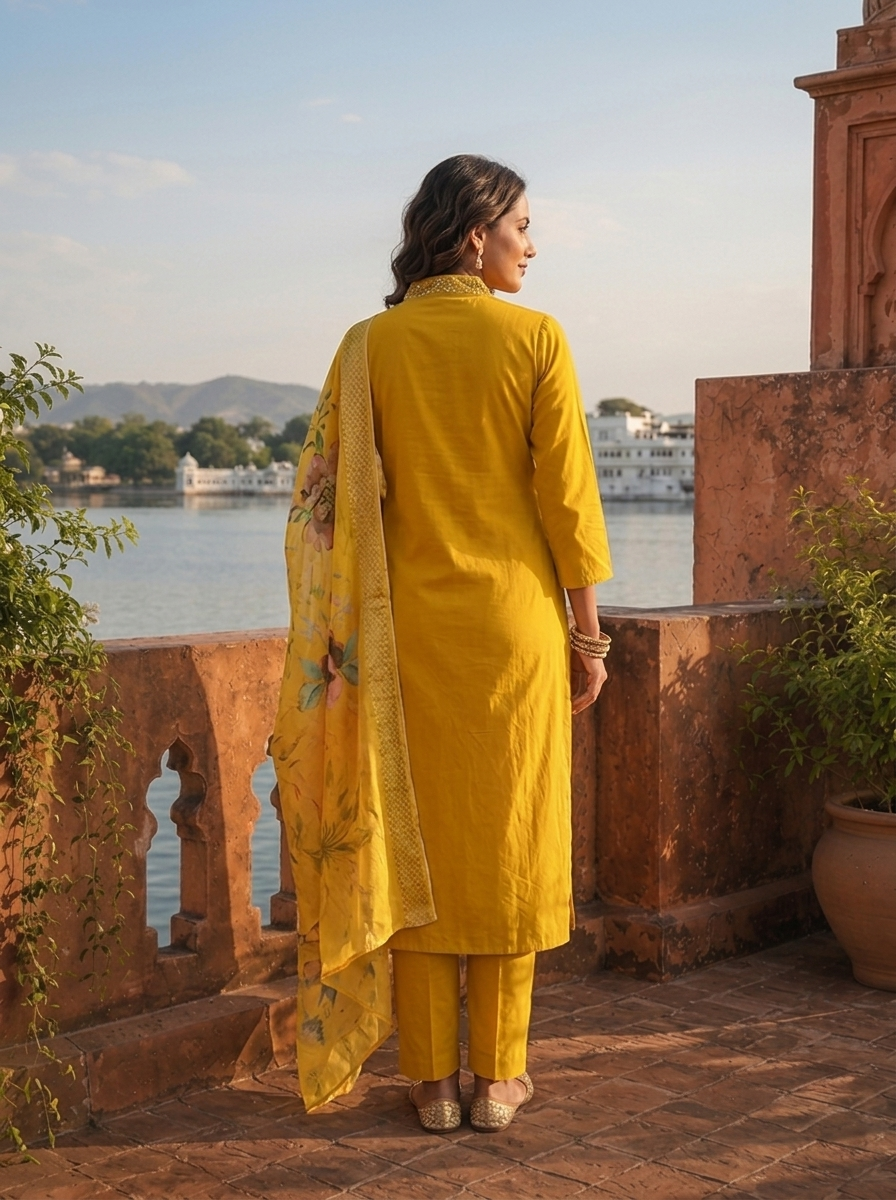Yellow Silk Thread Embroidered Three Piece Set