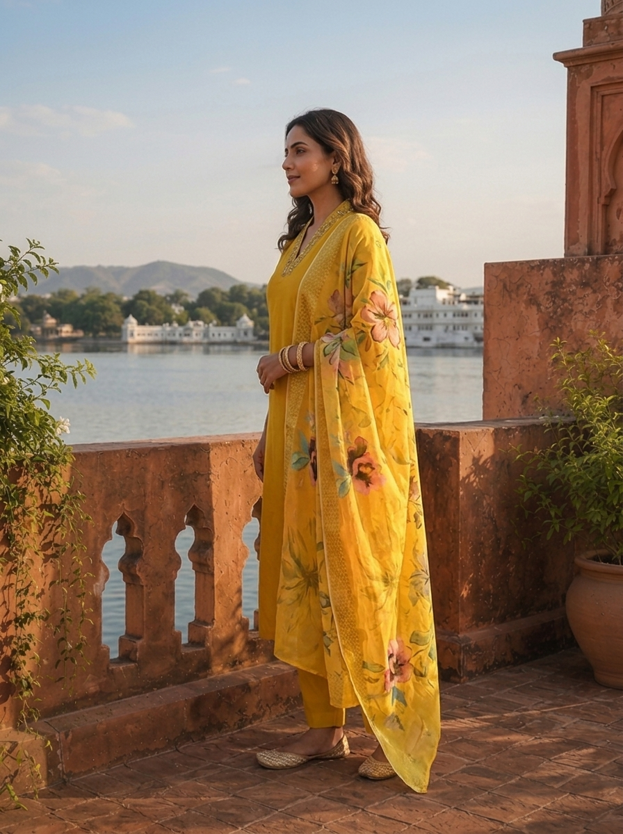 Yellow Silk Thread Embroidered Three Piece Set