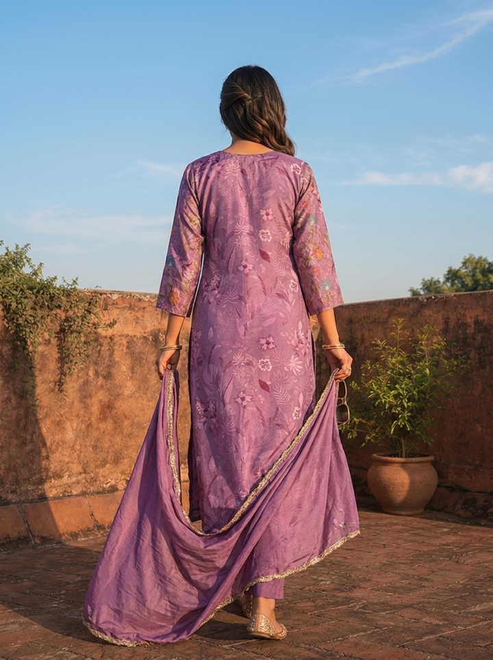 Lilac Silk Floral Printed Three Piece Set