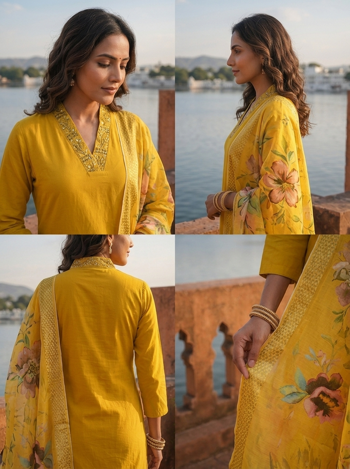 Yellow Silk Thread Embroidered Three Piece Set
