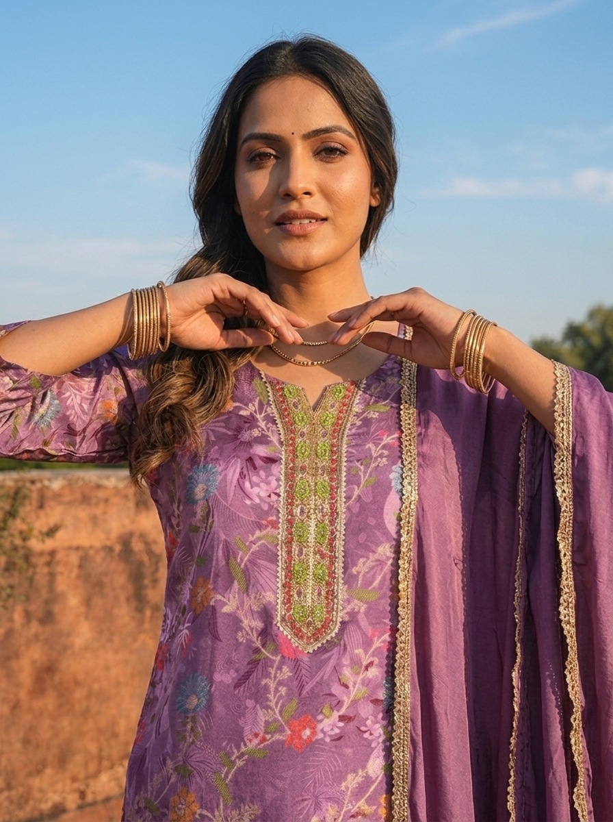 Lilac Silk Floral Printed Three Piece Set