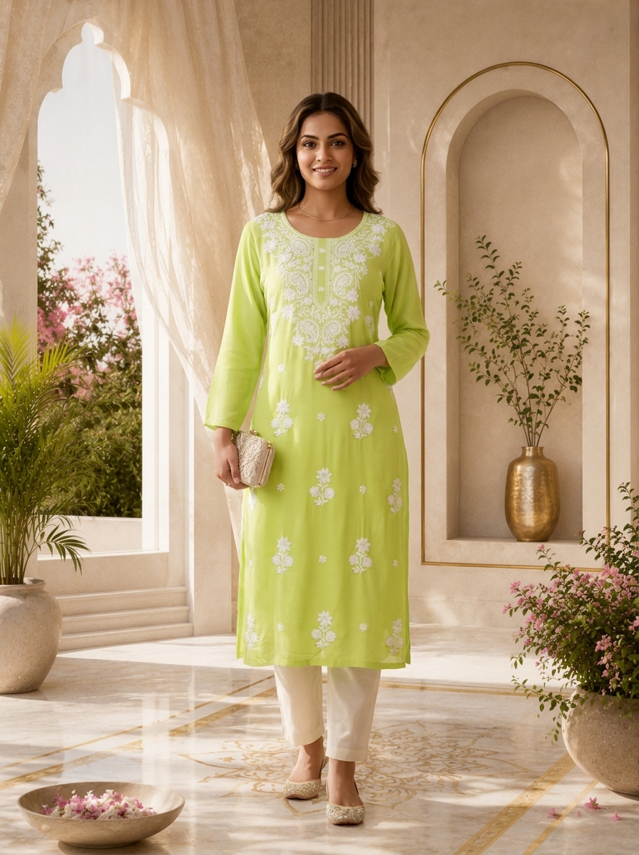 Lime Rayon Resham Floral Embroidered Kurta