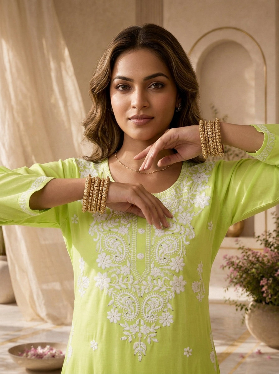 Lime Rayon Resham Floral Embroidered Kurta
