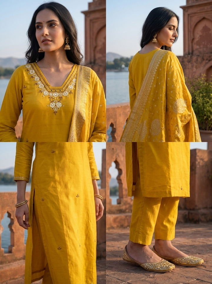 Mustard Silk Thread Floral Embroidered Three Piece Set