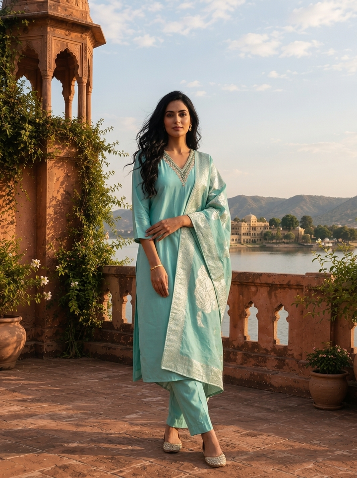 Sea Green Silk Stone Embroidered Three Piece Set