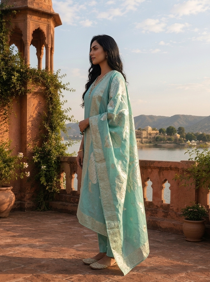 Sea Green Silk Stone Embroidered Three Piece Set