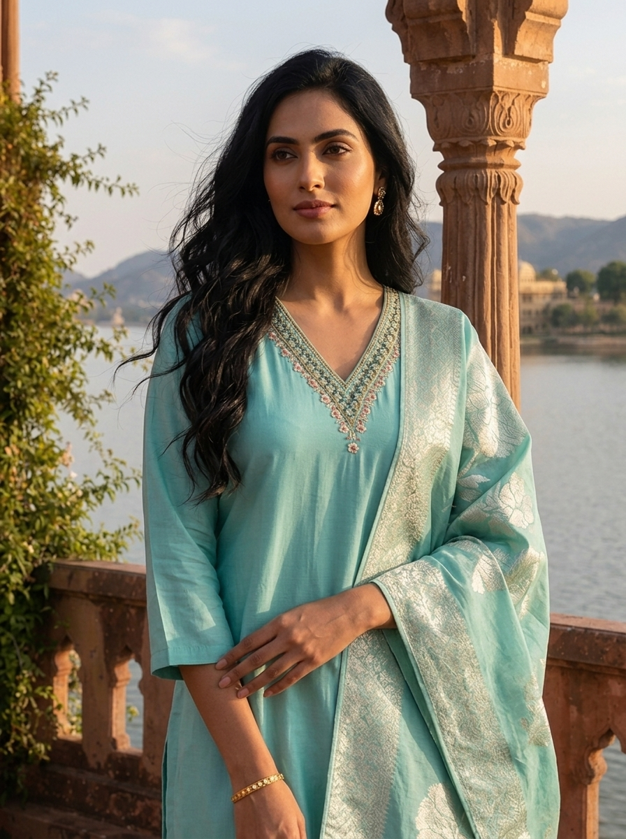 Sea Green Silk Stone Embroidered Three Piece Set