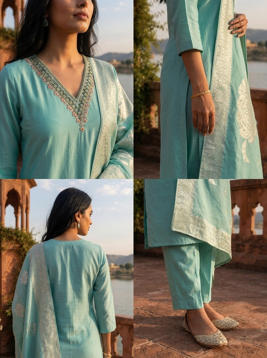 Sea Green Silk Stone Embroidered Three Piece Set