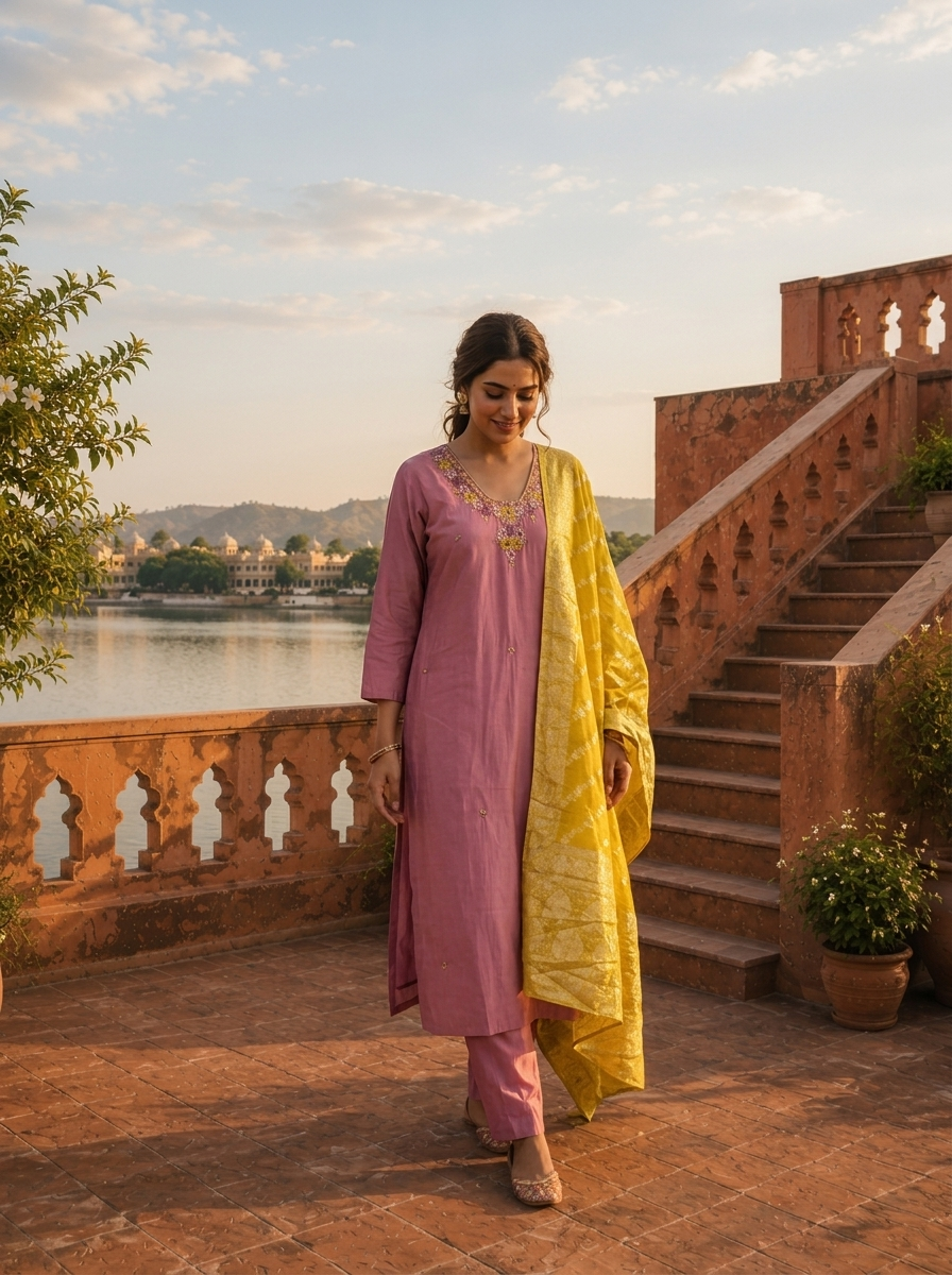 Onion Silk Thread Floral Embroidered Three Piece Set