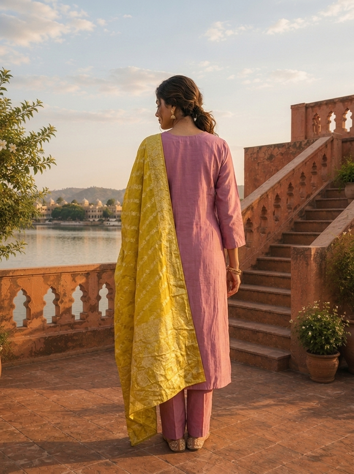 Onion Silk Thread Floral Embroidered Three Piece Set
