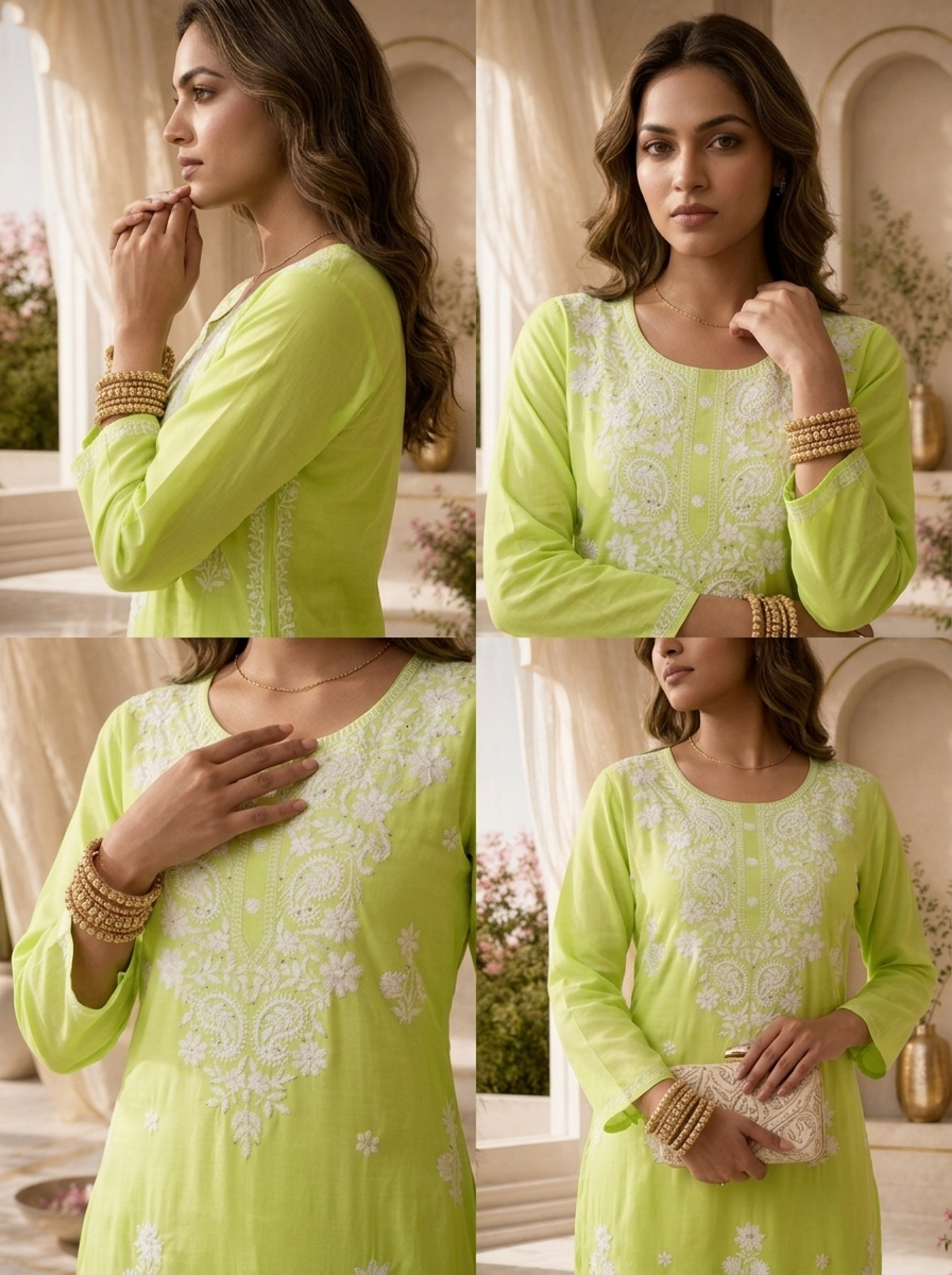 Lime Rayon Resham Floral Embroidered Kurta