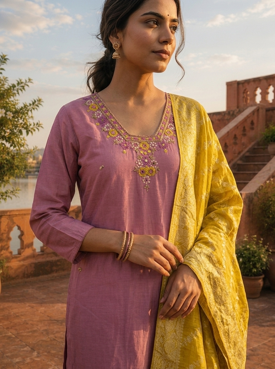 Onion Silk Thread Floral Embroidered Three Piece Set