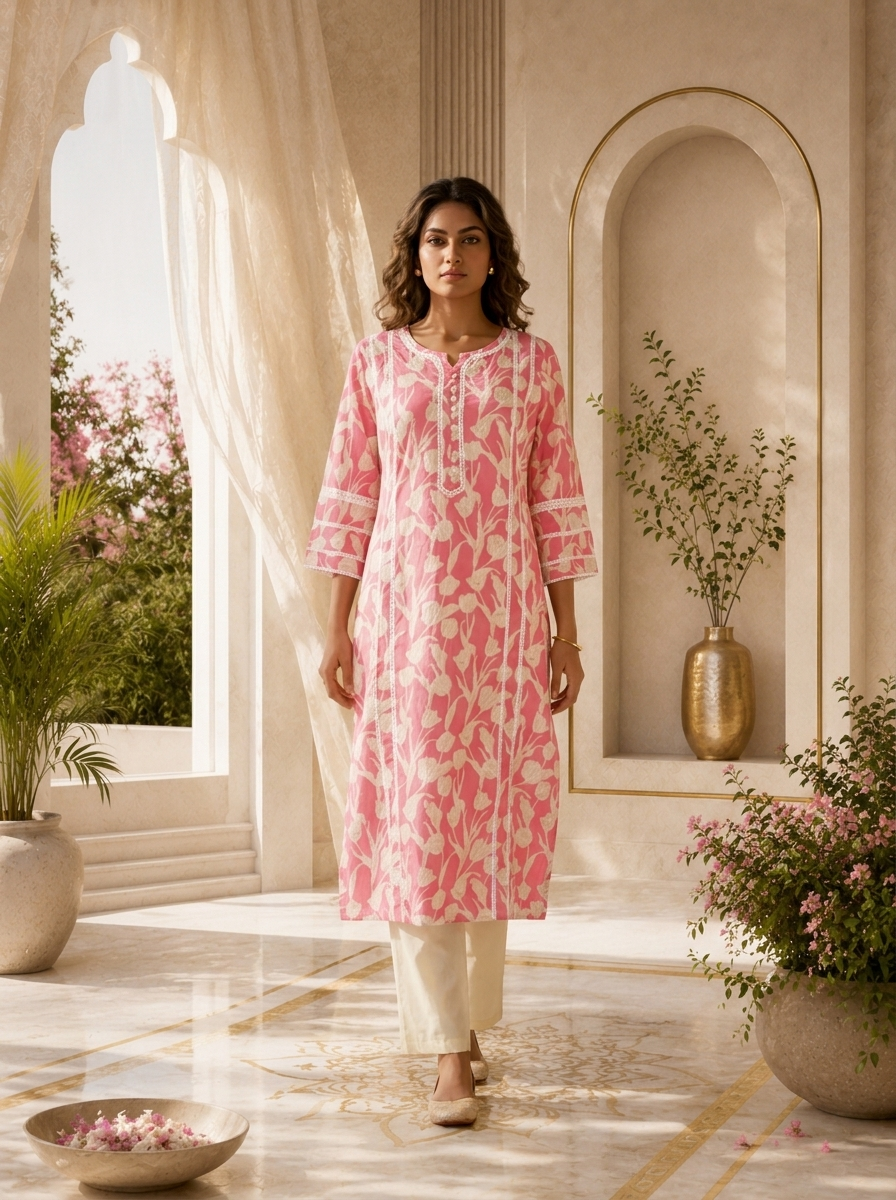 Rose Pink Cotton Tulip Floral Printed Kurta