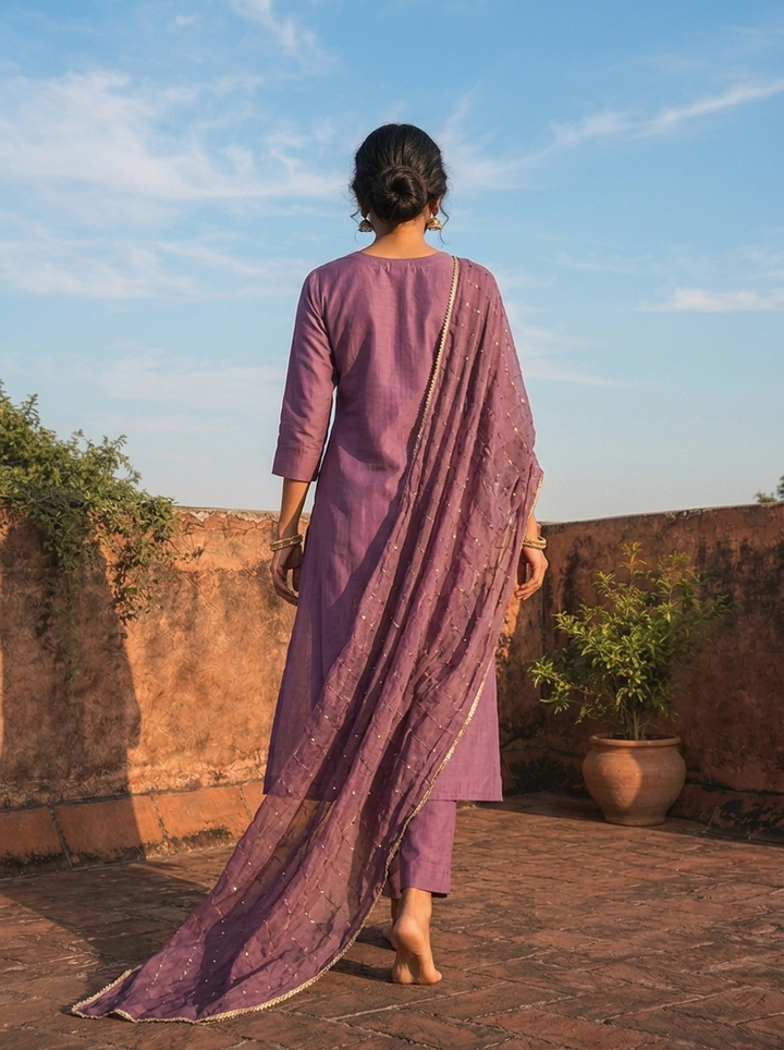 Lavender Rayon Thread And Stone Embroidered Three Piece Set