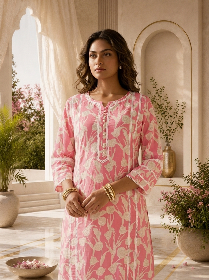 Rose Pink Cotton Tulip Floral Printed Kurta